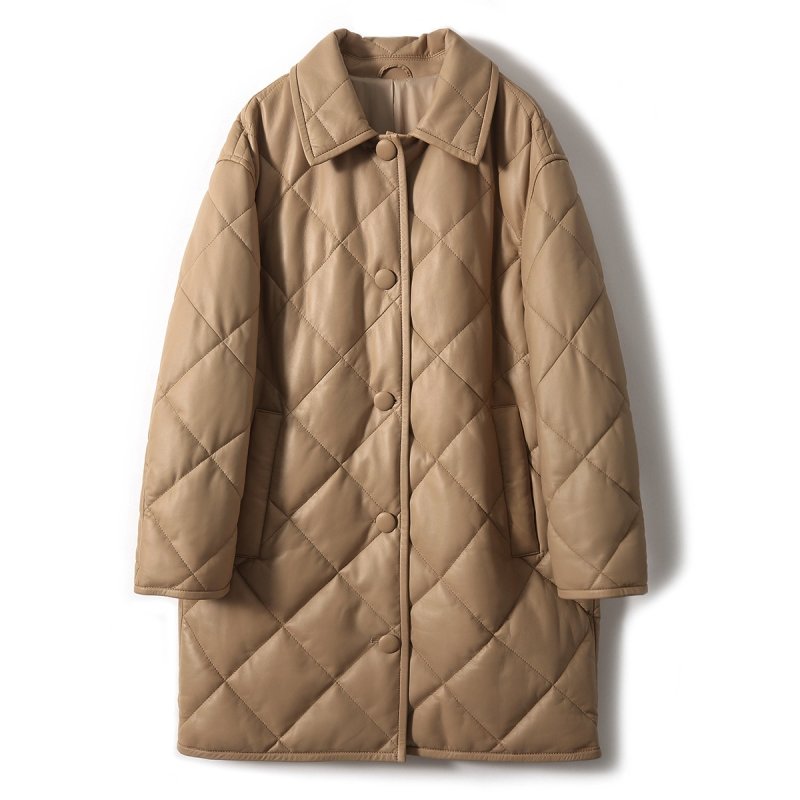 画像2: Down-filled quilted leather long coat Jacket 　ダウン入りレザーキルティング ロングコート (2)