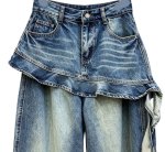 画像2: Women’s Wide-leg denim pants with a faux-layered, ruffled design　フェイクレイヤード風フリル付きワイド デニムパンツ ジーンズ (2)