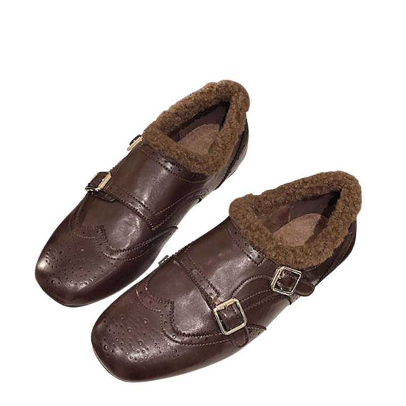 画像3: Square-Toe British-Style Faux-Fur-Trimmed Leather Loafers　スクエアトゥブリティッシュファートリミングレザーローファー シューズ (3)