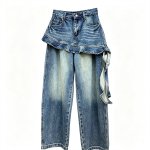 画像1: Women’s Wide-leg denim pants with a faux-layered, ruffled design　フェイクレイヤード風フリル付きワイド デニムパンツ ジーンズ (1)