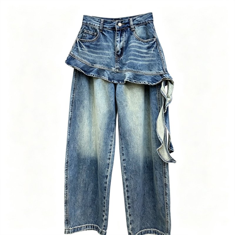 画像1: Women’s Wide-leg denim pants with a faux-layered, ruffled design　フェイクレイヤード風フリル付きワイド デニムパンツ ジーンズ (1)