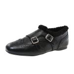 画像1: Square-Toe British-Style Faux-Fur-Trimmed Leather Loafers　スクエアトゥブリティッシュファートリミングレザーローファー シューズ (1)