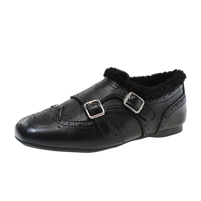 画像1: Square-Toe British-Style Faux-Fur-Trimmed Leather Loafers　スクエアトゥブリティッシュファートリミングレザーローファー シューズ (1)