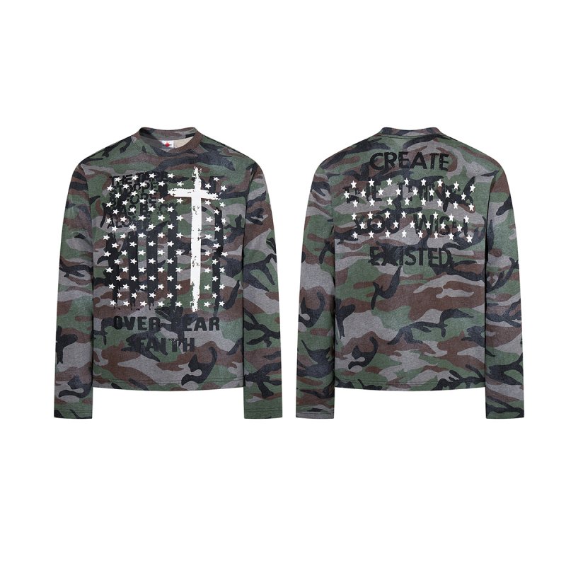 画像1: Unisex Camouflage Cross-print crew-neck long-sleeve T-shirt　男女兼用 迷彩カモフラージュ 十字架プリント クルーネック長袖Tシャツ (1)