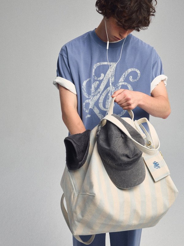 画像6: NANS Heavyweight Striped Canvas Large-Capacity Tote/Shoulder Bag with Dual Handles　NANS ヘビーウェイトストライプキャンバス ラージキャパシティートートショルダーダブルハンドルバッグ (6)