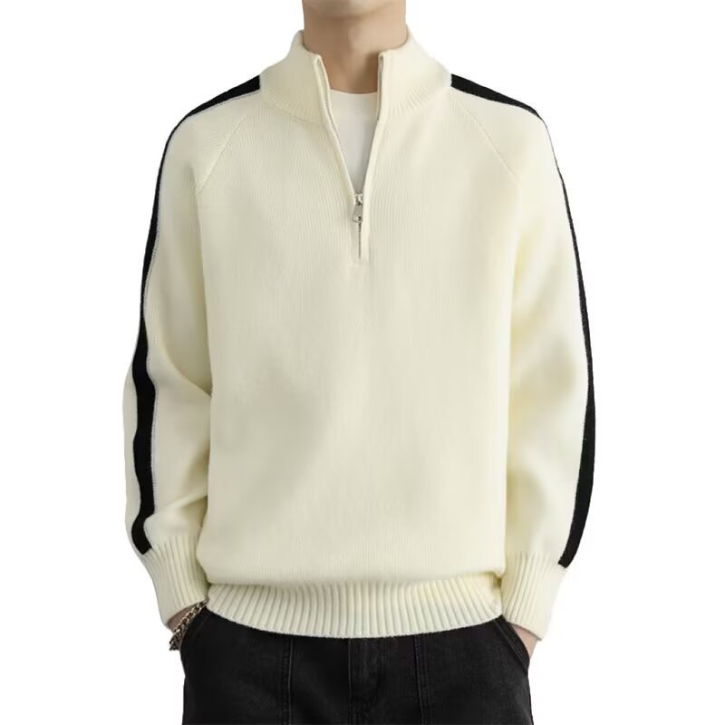画像4: Half-zip stand-collar sweater with stripe detailing Knit　ユニセックス 男女兼用ハーフジップスタンドカラーラインセーター　ニット (4)
