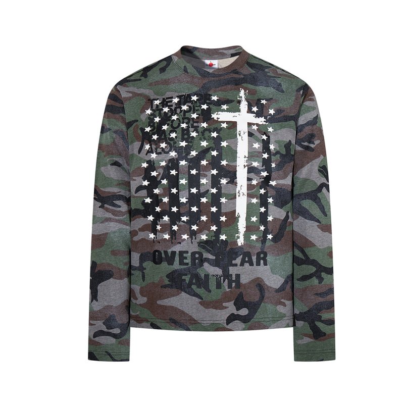 画像2: Unisex Camouflage Cross-print crew-neck long-sleeve T-shirt　男女兼用 迷彩カモフラージュ 十字架プリント クルーネック長袖Tシャツ (2)
