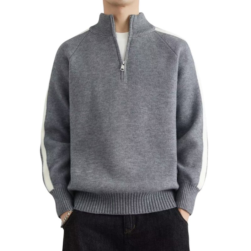 画像3: Half-zip stand-collar sweater with stripe detailing Knit　ユニセックス 男女兼用ハーフジップスタンドカラーラインセーター　ニット (3)