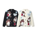 画像3: Cat-jacquard crew-neck cardigan Knit　ユニセックス 男女兼用猫キャットジャカード柄丸首カーディガンセーター　ニット (3)