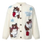 画像1: Cat-jacquard crew-neck cardigan Knit　ユニセックス 男女兼用猫キャットジャカード柄丸首カーディガンセーター　ニット (1)