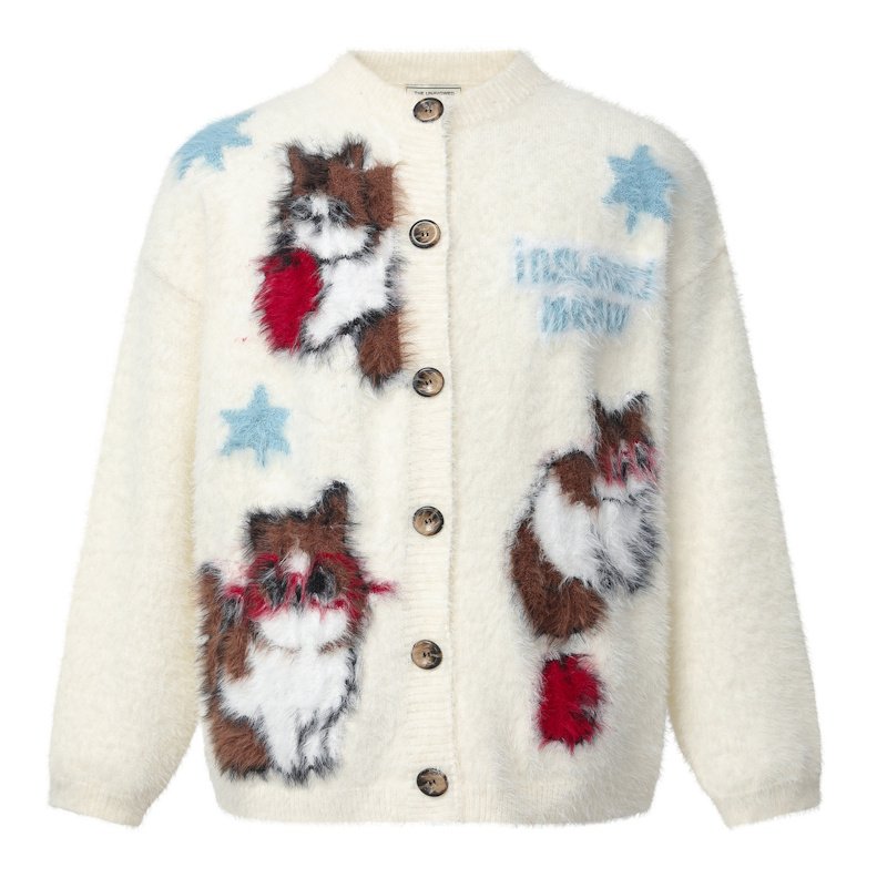 画像1: Cat-jacquard crew-neck cardigan Knit　ユニセックス 男女兼用猫キャットジャカード柄丸首カーディガンセーター　ニット (1)
