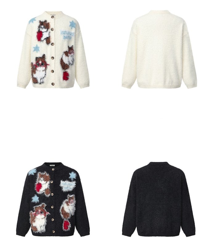画像4: Cat-jacquard crew-neck cardigan Knit　ユニセックス 男女兼用猫キャットジャカード柄丸首カーディガンセーター　ニット (4)