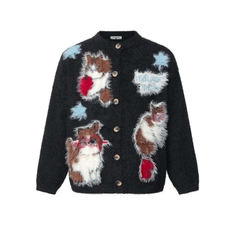 画像2: Cat-jacquard crew-neck cardigan Knit　ユニセックス 男女兼用猫キャットジャカード柄丸首カーディガンセーター　ニット (2)