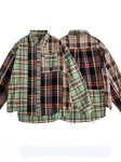 画像2: Check irregular asymmetry Long-sleeved shirts featuring a patchwork design. ユニセックス 男女兼用 アシンメトリー カラフル チェックシャツ (2)