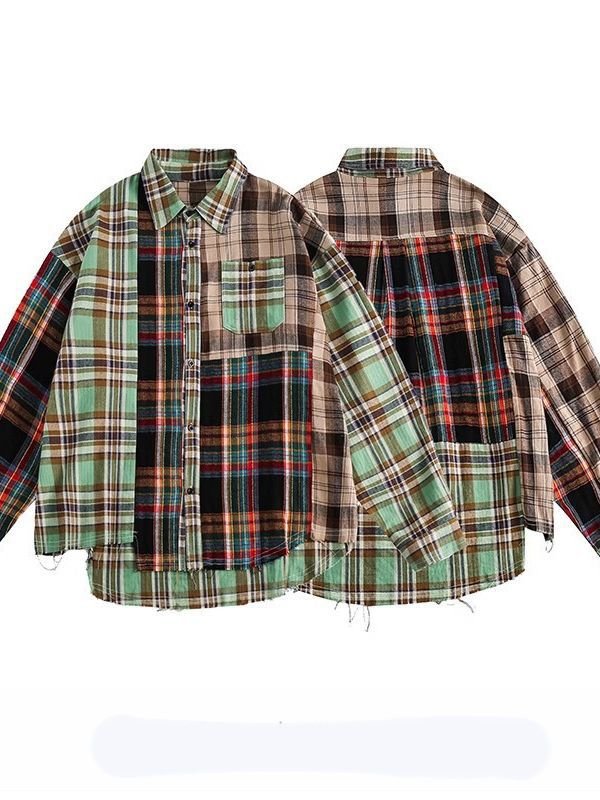 画像2: Check irregular asymmetry Long-sleeved shirts featuring a patchwork design. ユニセックス 男女兼用 アシンメトリー カラフル チェックシャツ (2)