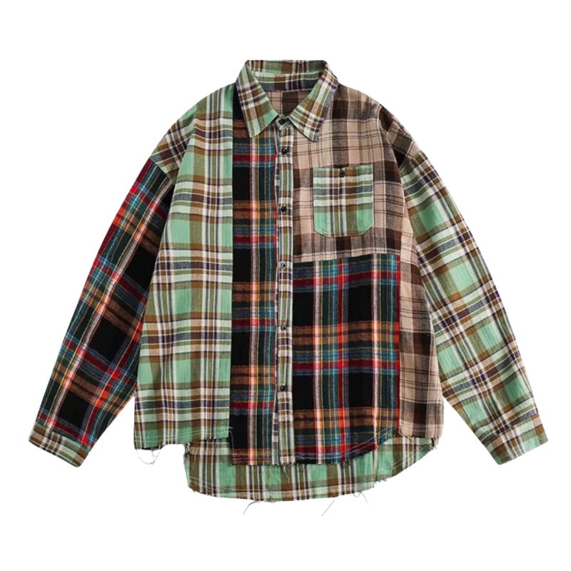 画像1: Check irregular asymmetry Long-sleeved shirts featuring a patchwork design. ユニセックス 男女兼用 アシンメトリー カラフル チェックシャツ (1)