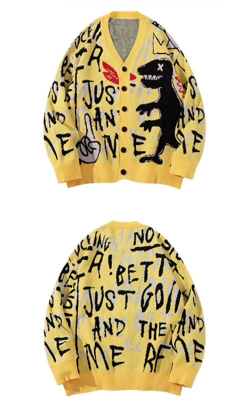 画像6: Graffiti Dinosaur & Alphabet Knit Cardigan 　ユニセックス 男女兼用グラフィティー＆ダイナソーVネックカーディガンセーター　ニット (6)