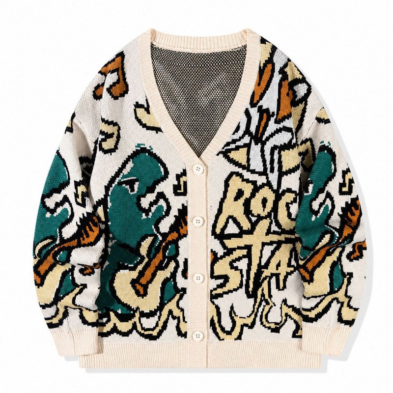 画像2: Graffiti Dinosaur & Alphabet Knit Cardigan 　ユニセックス 男女兼用グラフィティー＆ダイナソーVネックカーディガンセーター　ニット (2)
