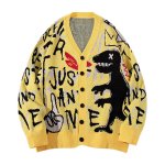 画像1: Graffiti Dinosaur & Alphabet Knit Cardigan 　ユニセックス 男女兼用グラフィティー＆ダイナソーVネックカーディガンセーター　ニット (1)