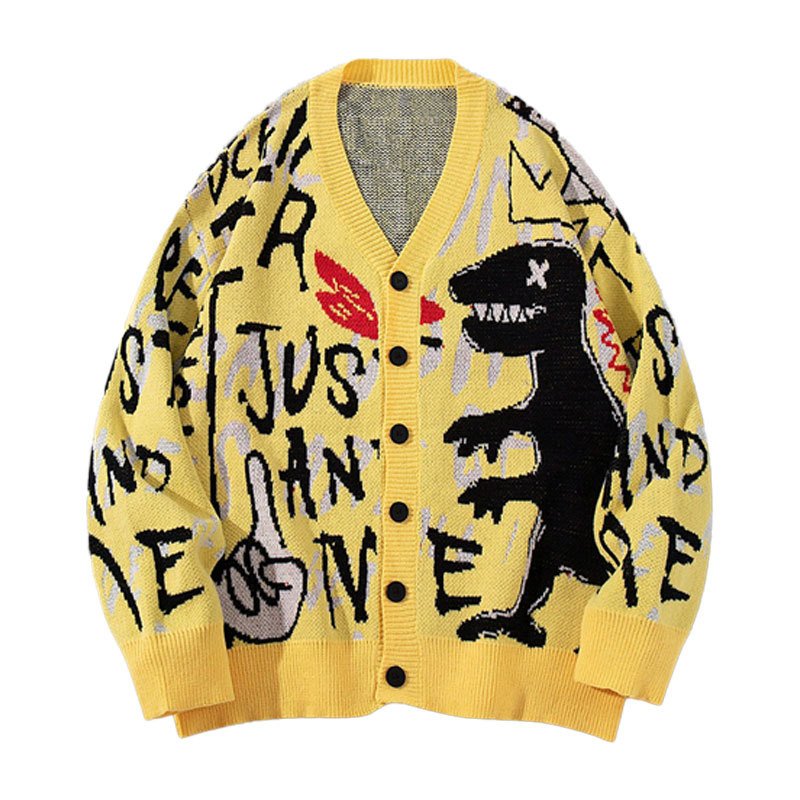 画像1: Graffiti Dinosaur & Alphabet Knit Cardigan 　ユニセックス 男女兼用グラフィティー＆ダイナソーVネックカーディガンセーター　ニット (1)