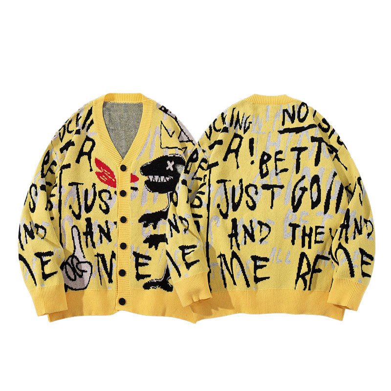 画像5: Graffiti Dinosaur & Alphabet Knit Cardigan 　ユニセックス 男女兼用グラフィティー＆ダイナソーVネックカーディガンセーター　ニット (5)