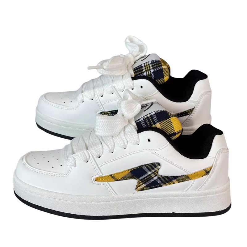 画像1: Unisex Checkered-Pattern Platform lace-up sneakers ユニセックス 男女兼用チェックポイント厚底 レザーレースアップスニーカー (1)