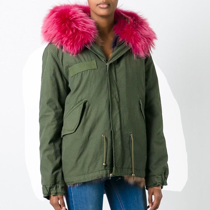 Woman's Real Fox Fur Liner Collar Zipper Hooded Coat Bomber Coat 