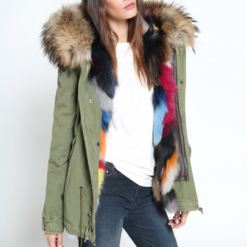 Woman's Real Fox Fur Liner Collar Zipper Hooded Coat Bomber Coat