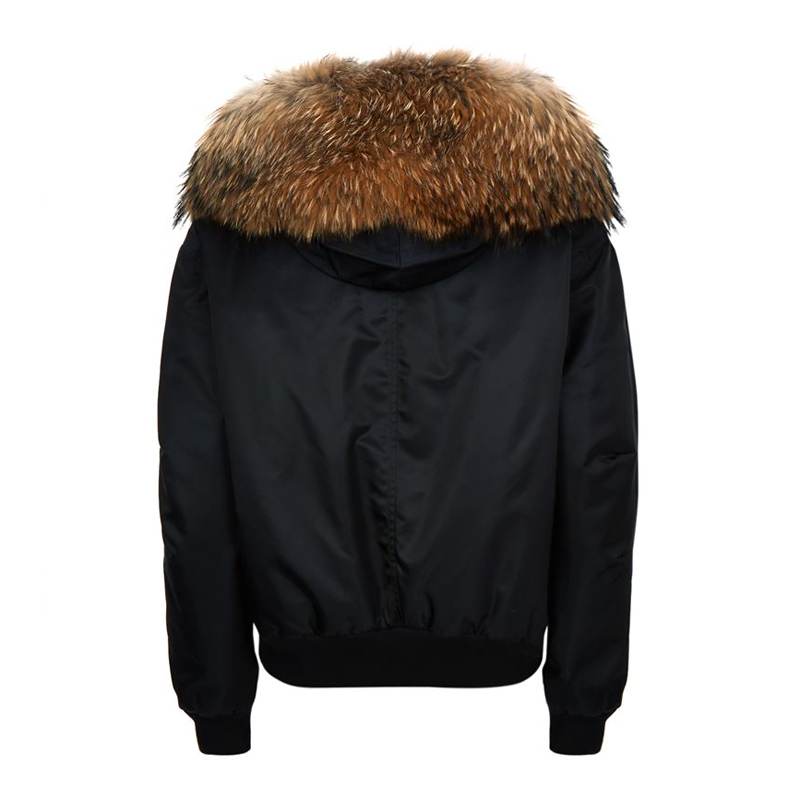 Woman's Real Fox Fur Liner Collar Zipper Hooded Coat Bomber Coat ニューカラー