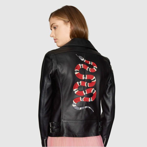 Unisex Snake Embroidery Real Leather Riders Jacket 本革本皮リアル