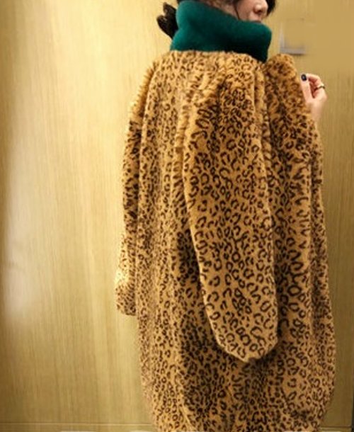 leopard Fake rabbit fur long coat モコモコフワフワフェイクラビット ...