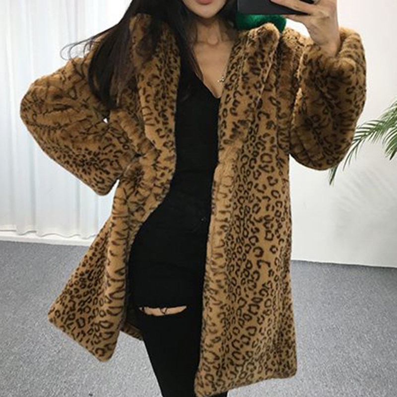 leopard Fake rabbit fur long coat モコモコフワフワフェイクラビット ...