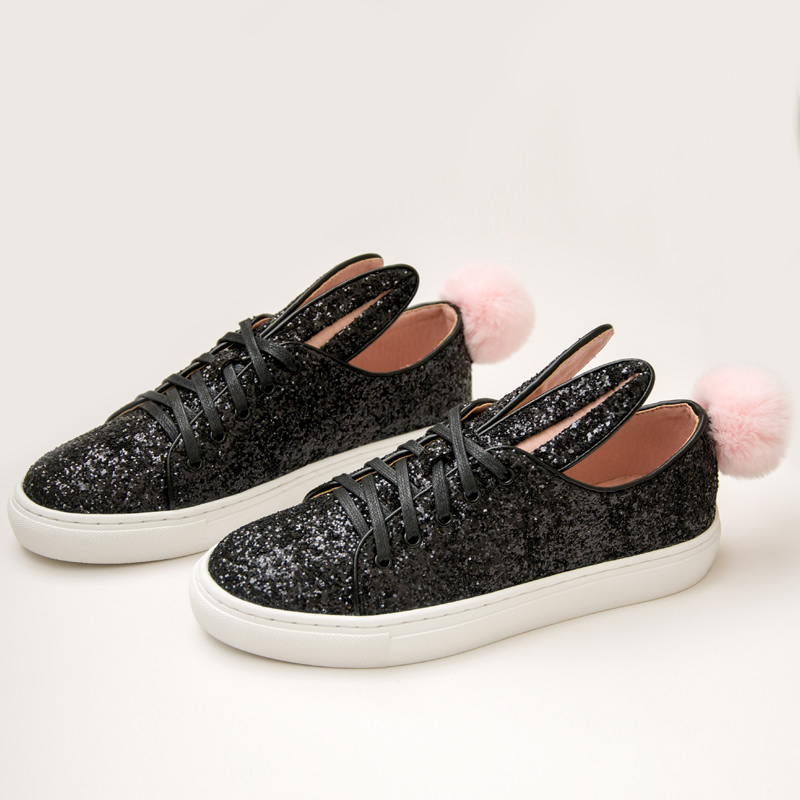 fingeraftryk gentage ejer Real Leather Glitter Bunny Rabbit tail pom pom sneakers 本革 本皮 レザー ラメ グリッター  キラキラ ラビット ポンポン スニーカー - CREA WEB SHOP |クレアウェブショップ