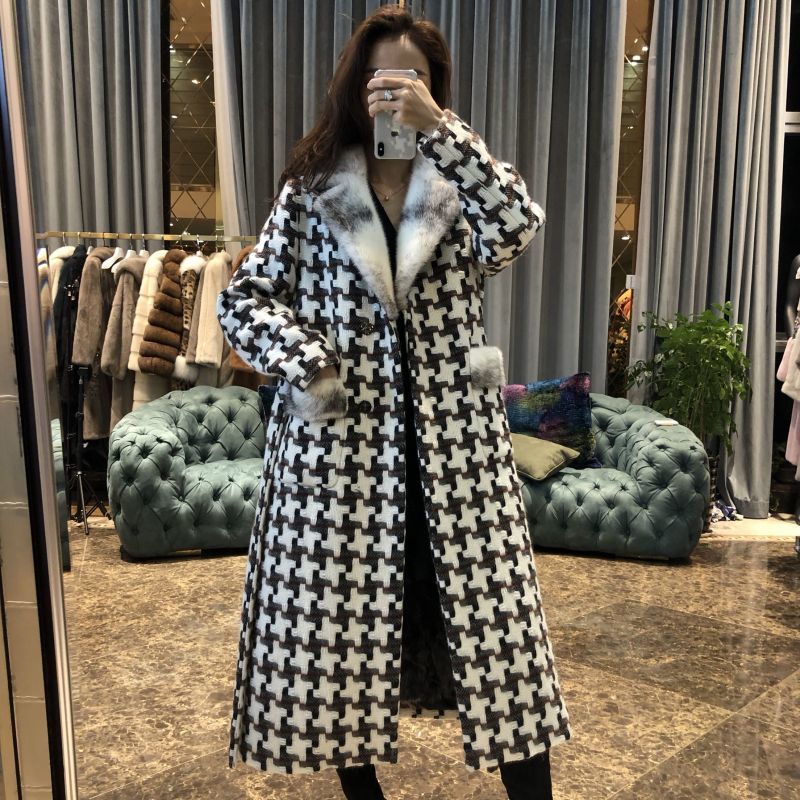 Women Houndstooth double breasted coat with mink cuff リアルミンク 