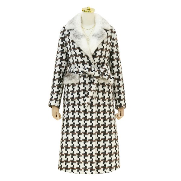 Women Houndstooth double breasted coat with mink cuff リアルミンク