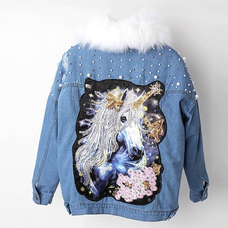 Women's Real Fox Fur Rabbit Rex fur inner Unicorn back print Denim Jeans  Jacket ユニコーンリアルフォックスファー襟付きデニムジャケットコート Gジャン