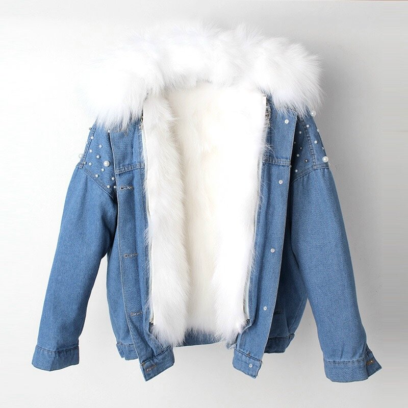 Women's Real Fox Fur Rabbit Rex fur inner Unicorn back print Denim Jeans  Jacket ユニコーンリアルフォックスファー襟付きデニムジャケットコート Gジャン