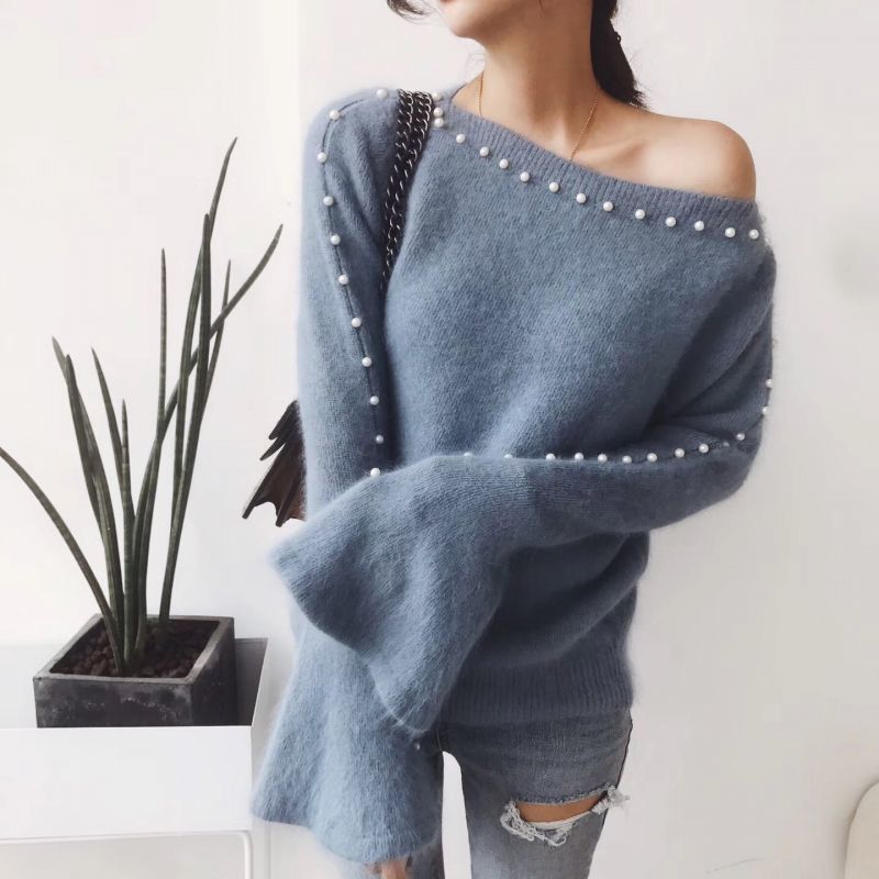 Pearl Off Shoulder Mohair Knit Pullover パール 真珠付モヘアオフ
