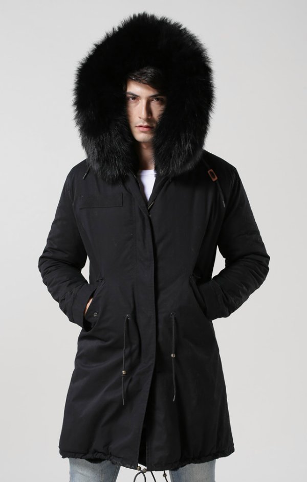ブラック＆ネイビー メンズ Mens Real Fox Fur Real Fur Liner Hoodie