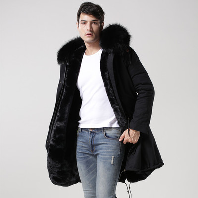 ブラック＆ネイビー メンズ Mens Real Fox Fur Real Fur Liner Hoodie Military Coat