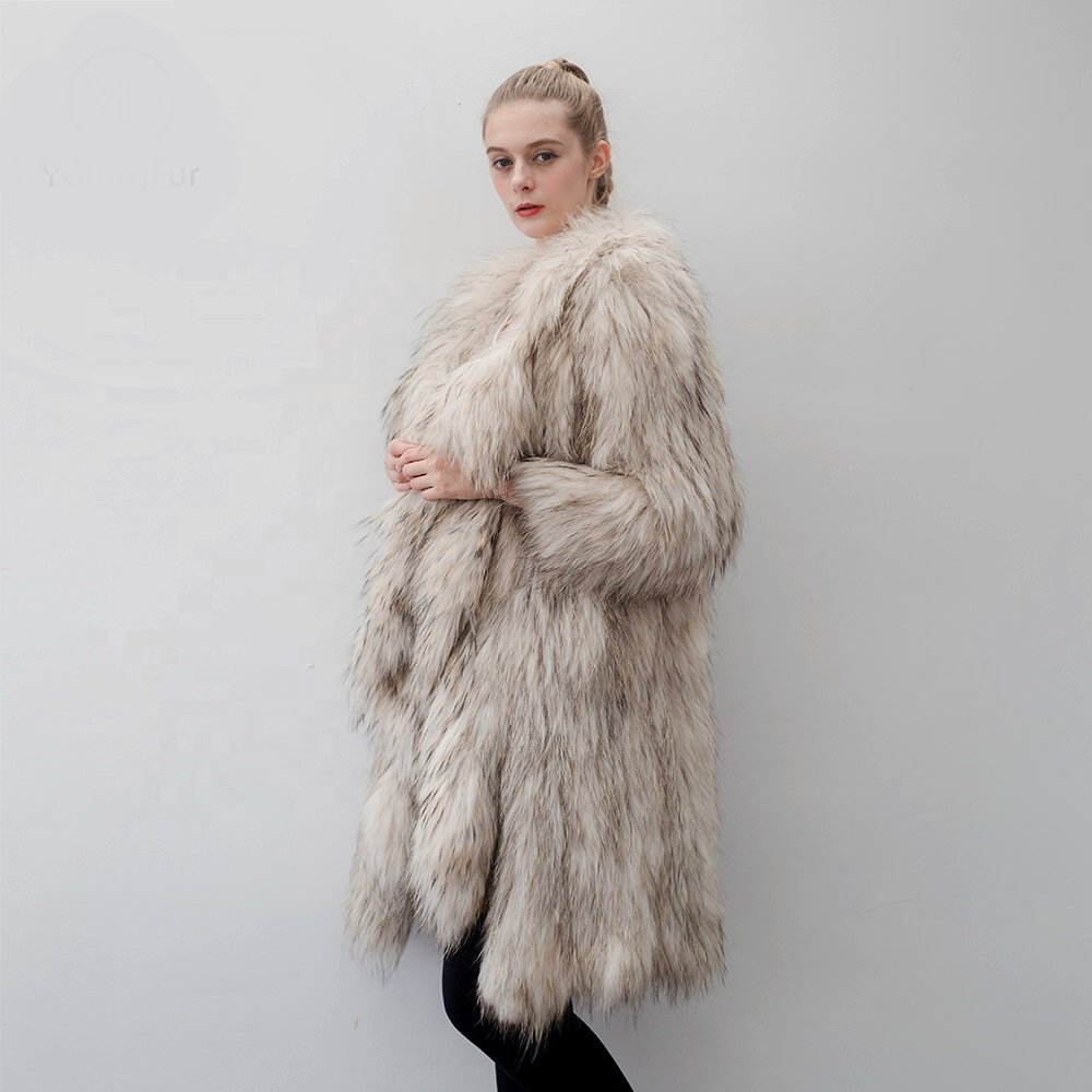 Women's Real Raccoon Fur Knitting Fur Coat Mix Color リアル