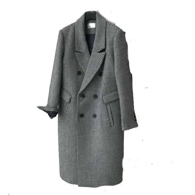 Women's Houndstooth lapel double-breasted long coat 千鳥格子ダブル ...