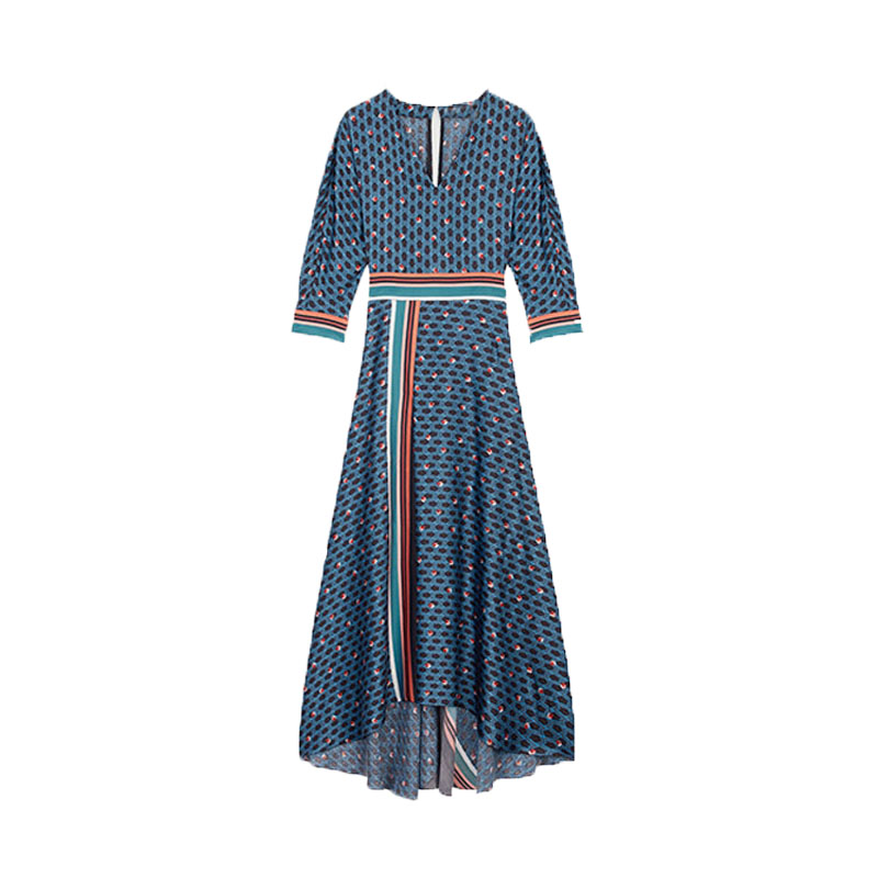 Women's retro print seven-point sleeve belt V-neck dress long dress レトロ