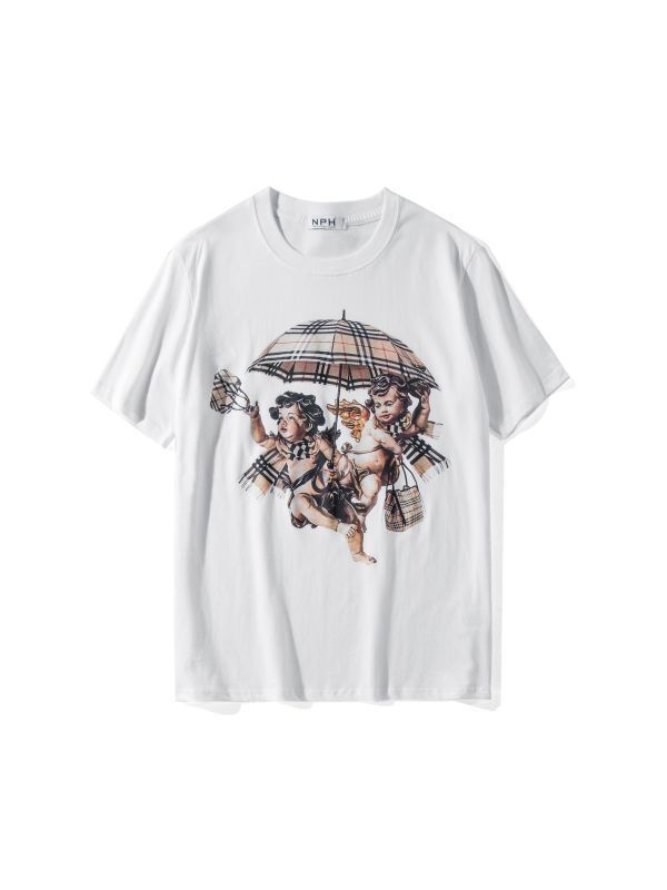 Little Angel Cupid Check Cotton Short Sleeved T Shirt リトルエンジェル 天使 チャック柄プリントラウンド半袖ｔシャツ 男女兼用