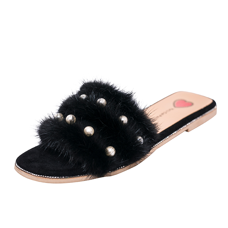 Women's Mink fur＆Pearl Flat Sandals Slippers　ミンクファー＆パールフラットサンダル スリッパ サボ