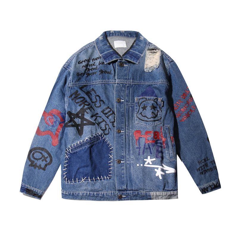 Men's graffiti washed denim jacket coat メンズ　ユニセックス男女兼用グラフィックデニムダメージGジャン　 ジャケット　コート