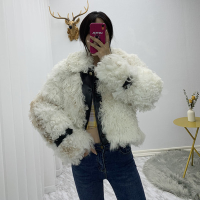 Women's imported Tigado wool fur leather lamb short coat ラム 
