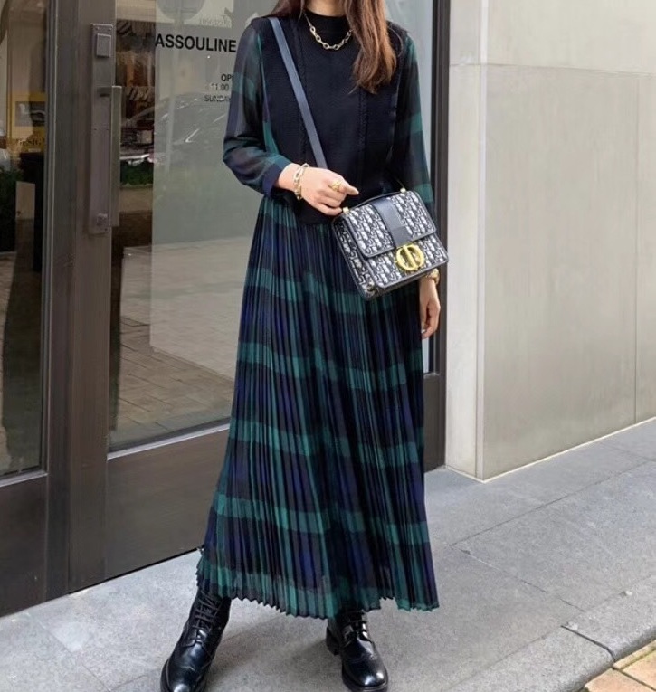 Women's check knit mix maxi dress チェック ニット×シフォン