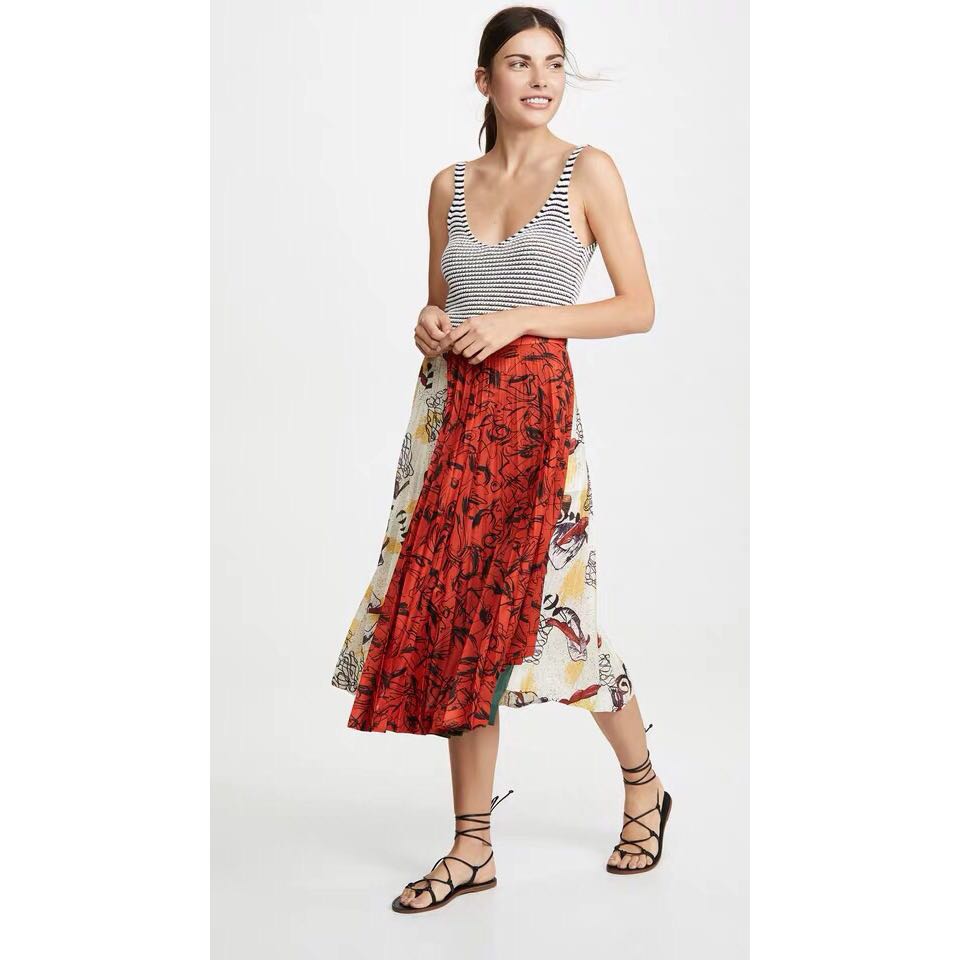 Woman's abstract print mix print pleated skirt シフォン ミックス