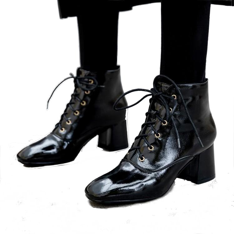 women's patent leather square head Race up boots Booty boots　レースアップエナメルレザー  ブーツ　ブーティブーツ
